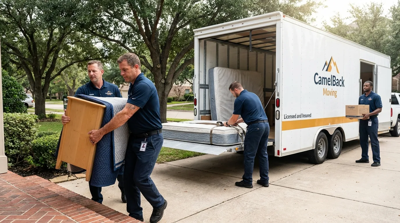 Crew loading residential truck for cross-state move from Parker City, IN