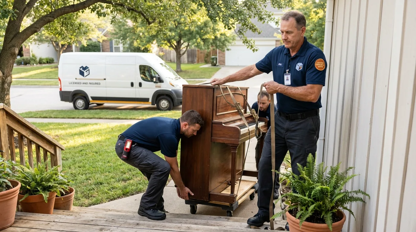 Licensed piano movers securing grand piano in Parker City, IN