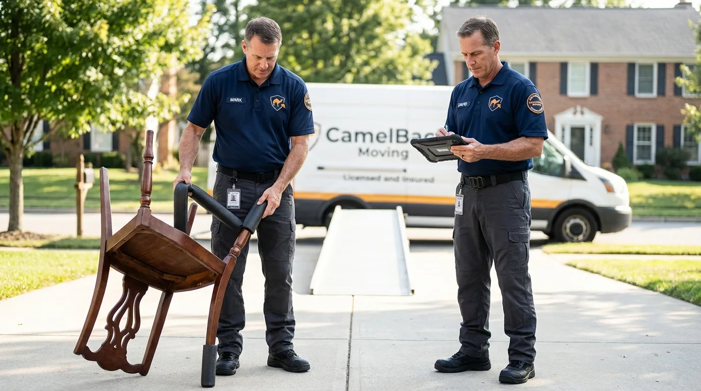Movers inspecting furniture for damage prevention before loading in Parker City, IN
