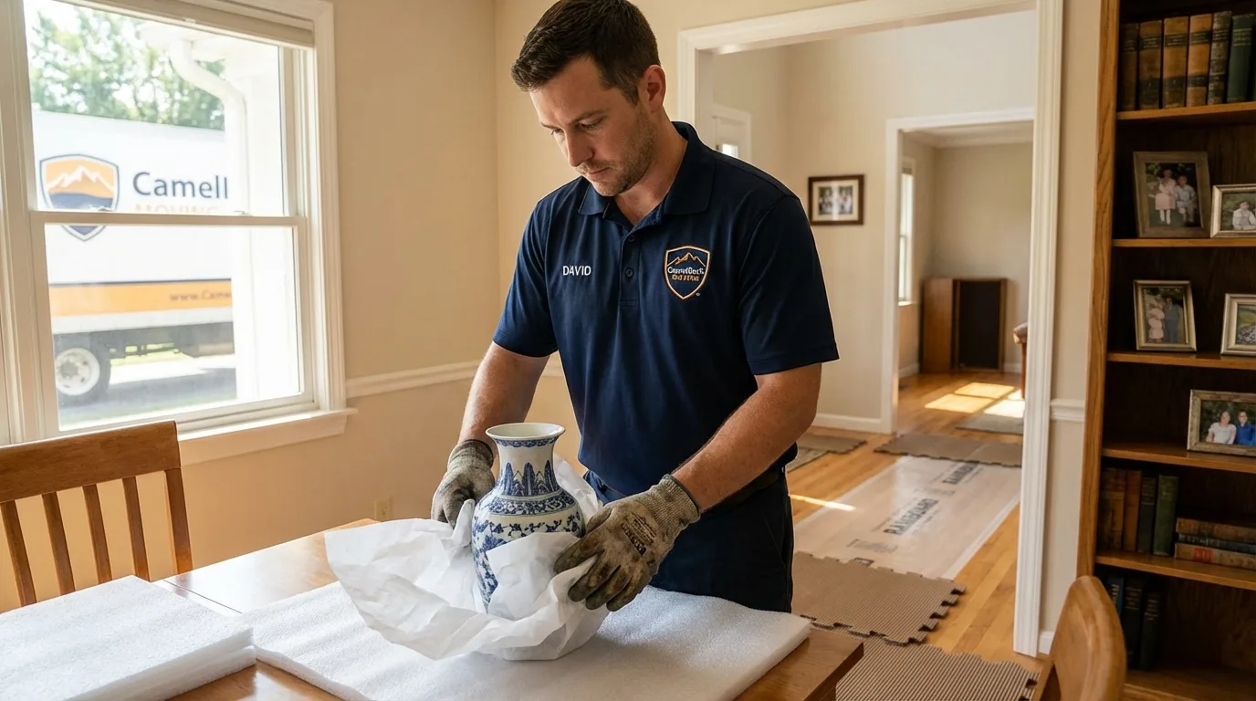 Professional crew carefully wrapping antique vase for senior downsizing move in Parker City, IN
