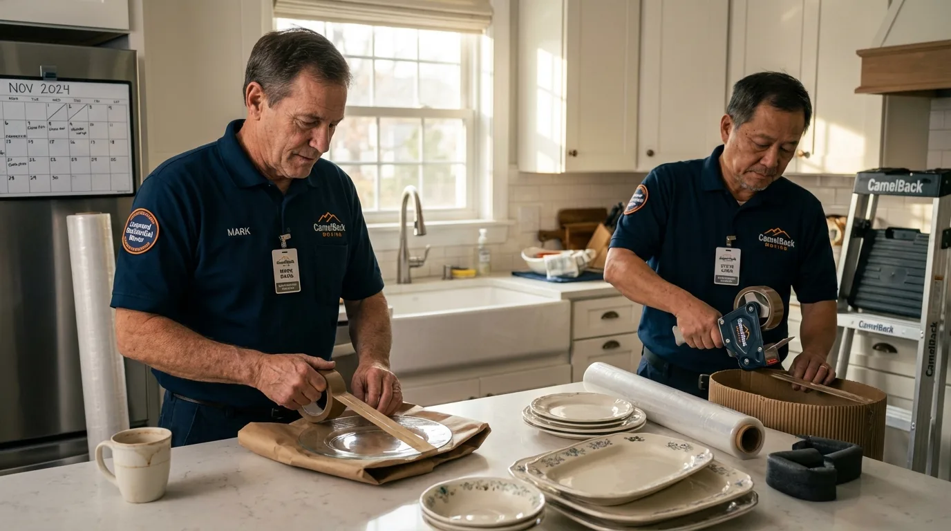 Professional crew packing kitchen dishware in Parker City, IN