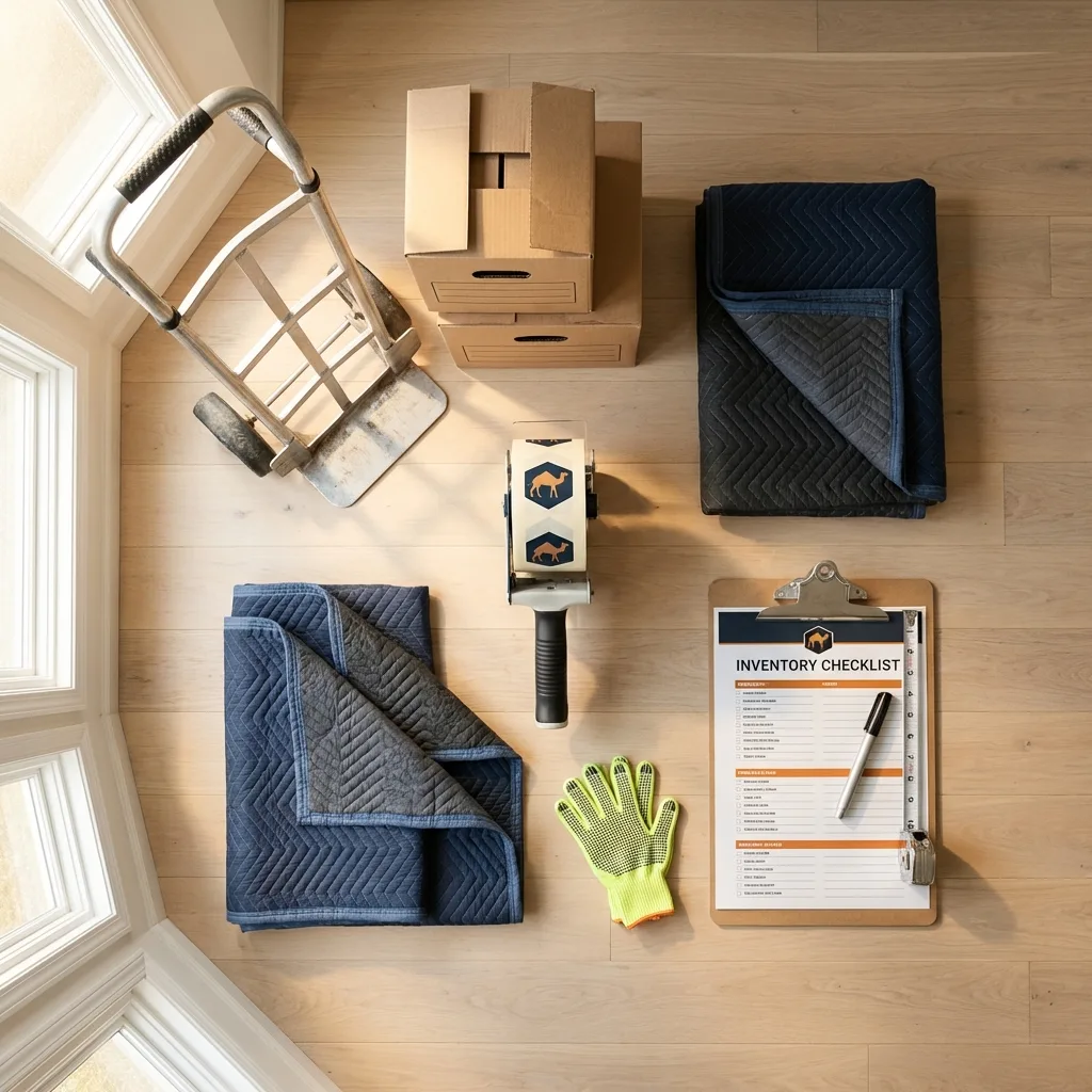 Professional moving supplies and packing materials layout for Parker City residential relocations